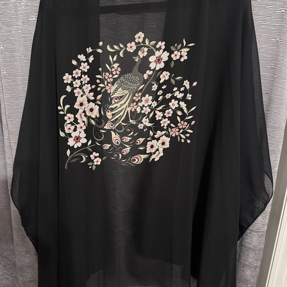 Black Kimono with Floral and Peacock Design